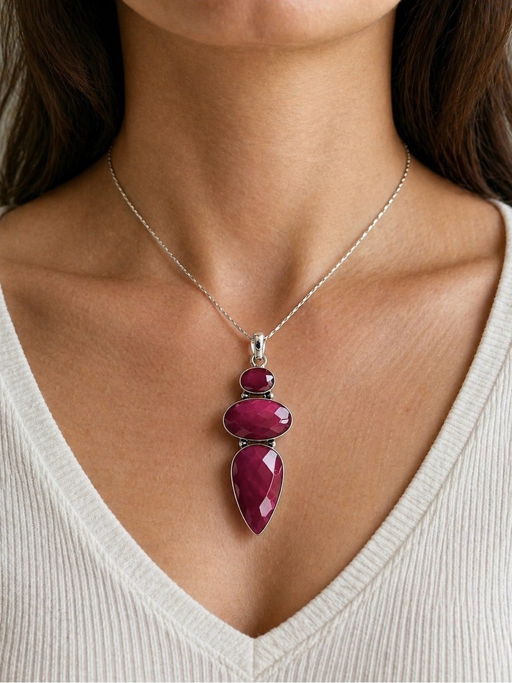 Large XL 3-Stone Simulated Ruby Sterling Silver 3” Pendant